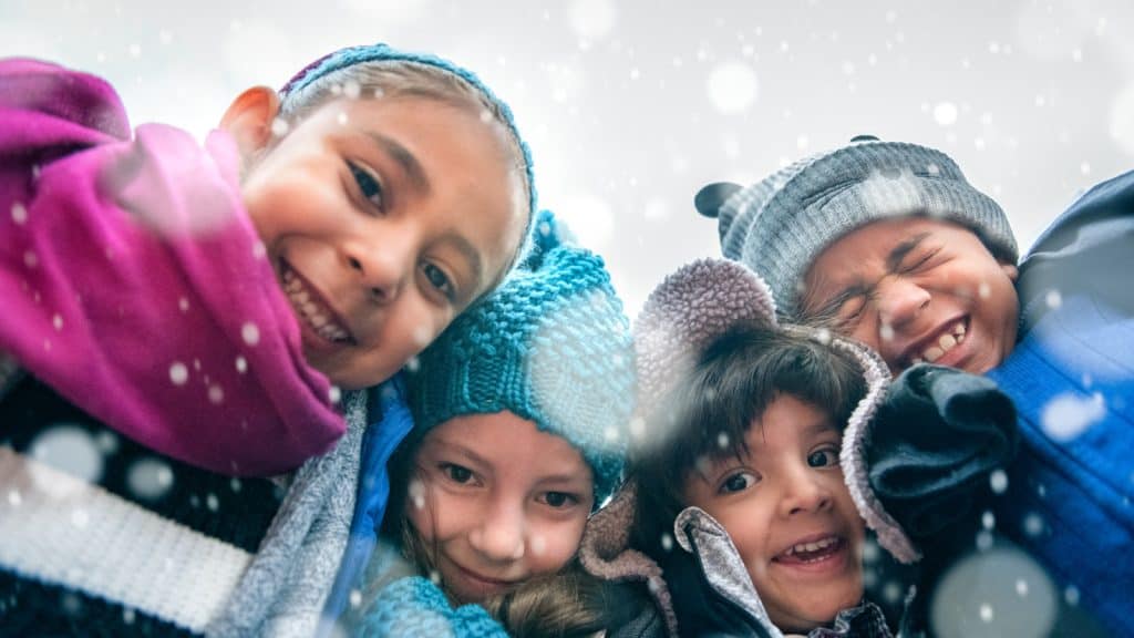 School children in the snow