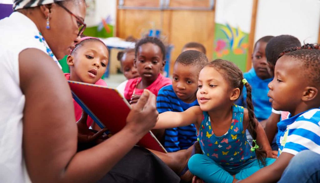 Teacher reading a book with a class of preschool children