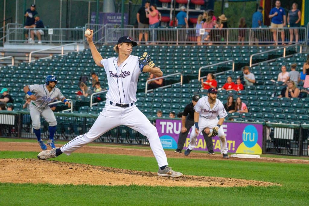 photo of Fisher Cats player Thomas Ruwe throwing a baseball